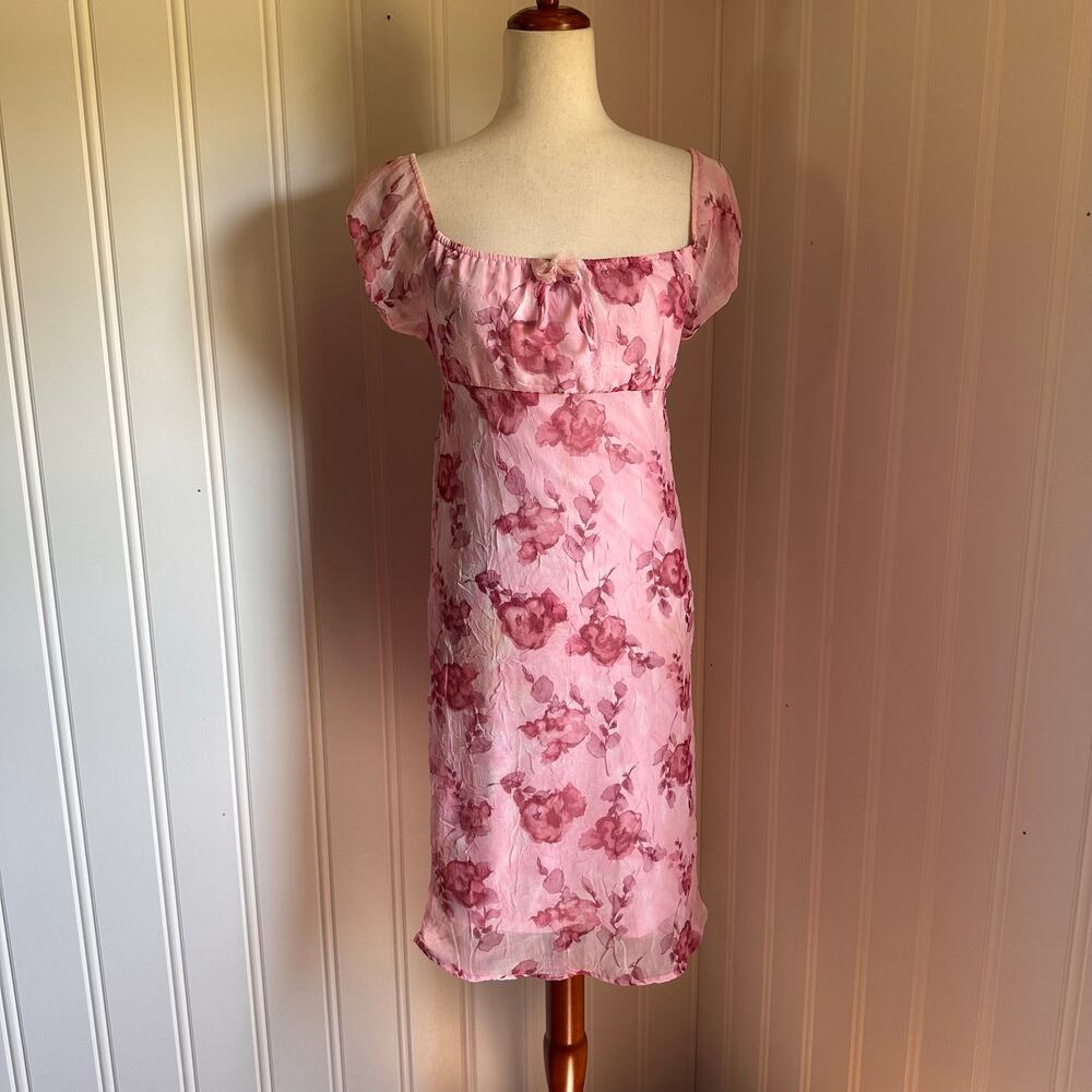 Vintage 90s Coquette Pink Floral Midi Dress XS